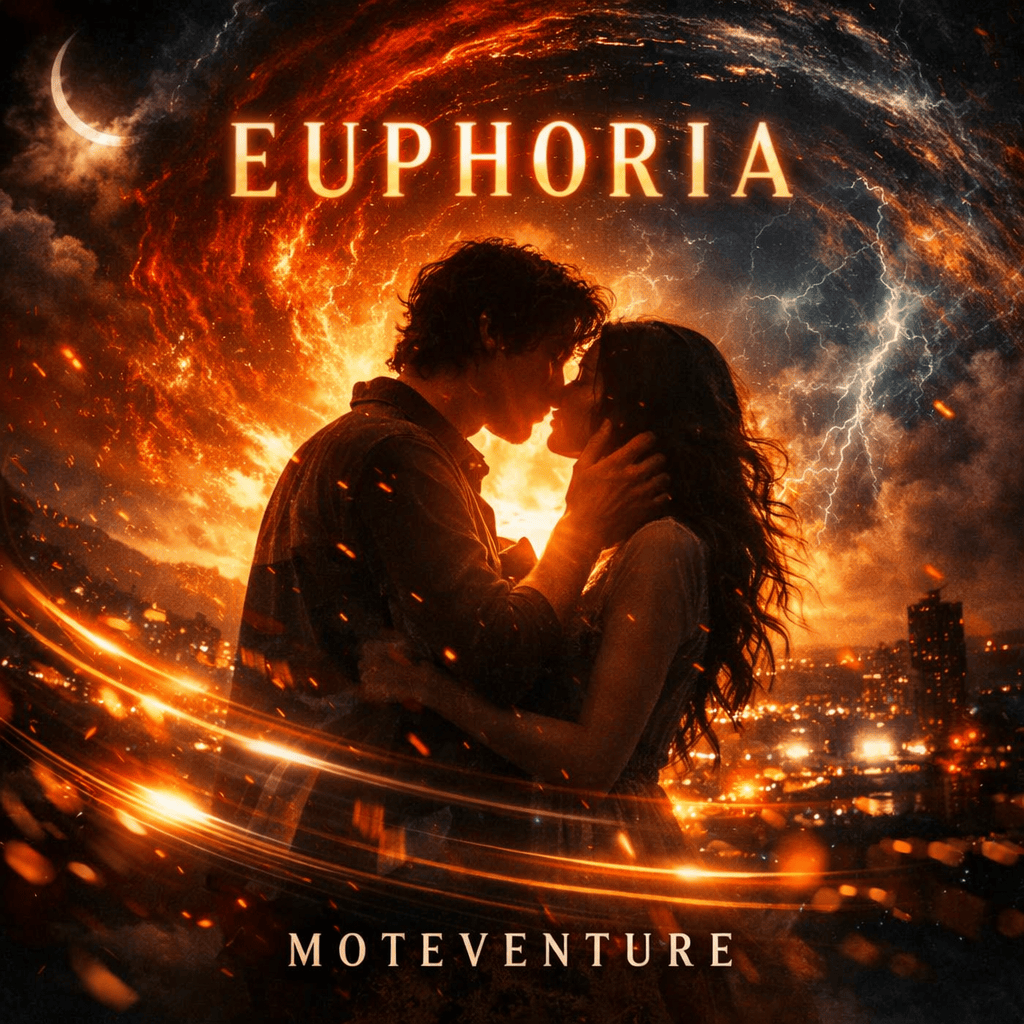 A romantic scene depicting a couple embracing and kissing against a dramatic backdrop of swirling clouds and glowing energy, with the word 'Euphoria' prominently displayed above them.