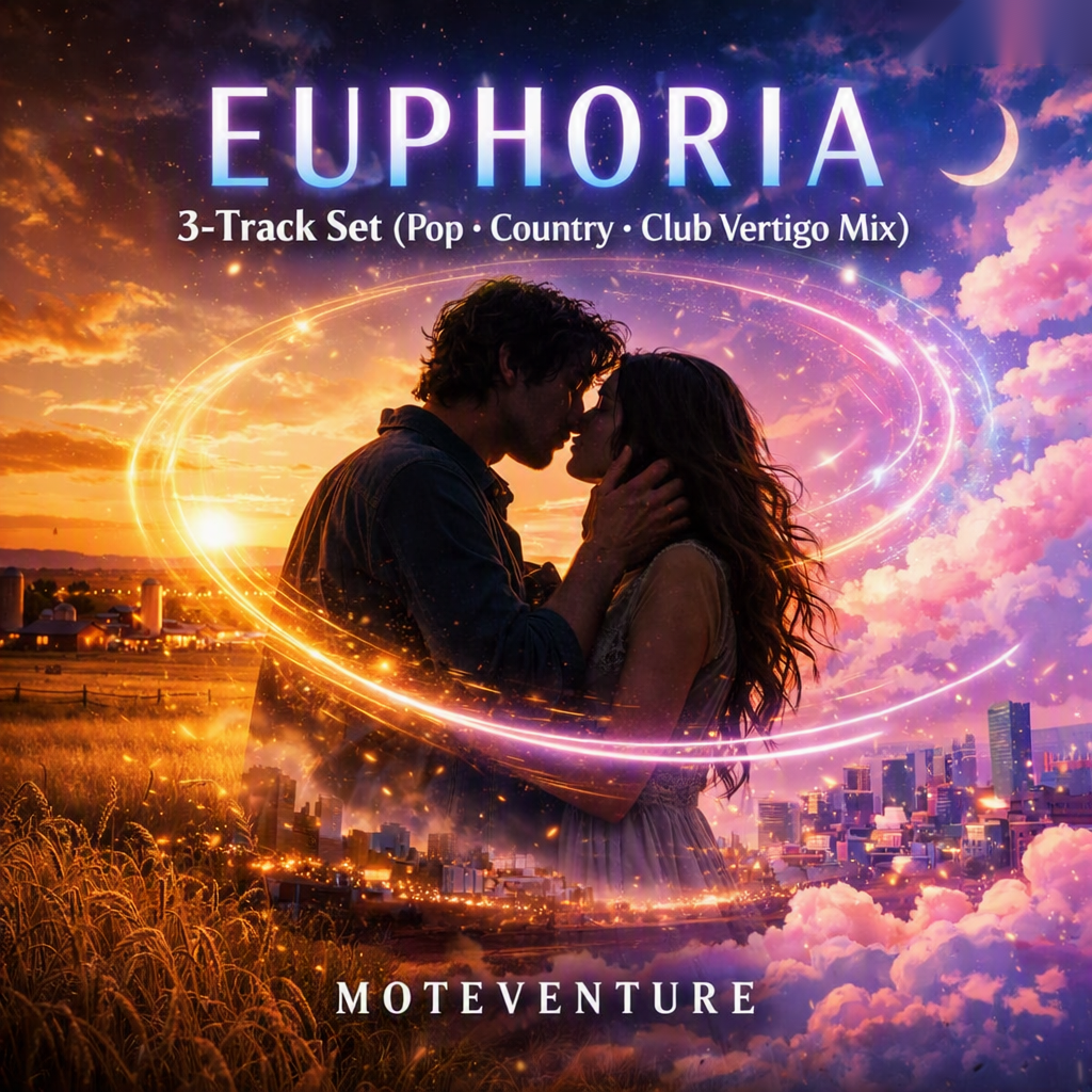 A romantic scene with a couple sharing a kiss in a vibrant sunset landscape, featuring the title 'Euphoria' and details about a 3-track music set including genres like Pop, Country, and a Club Vertigo Mix.