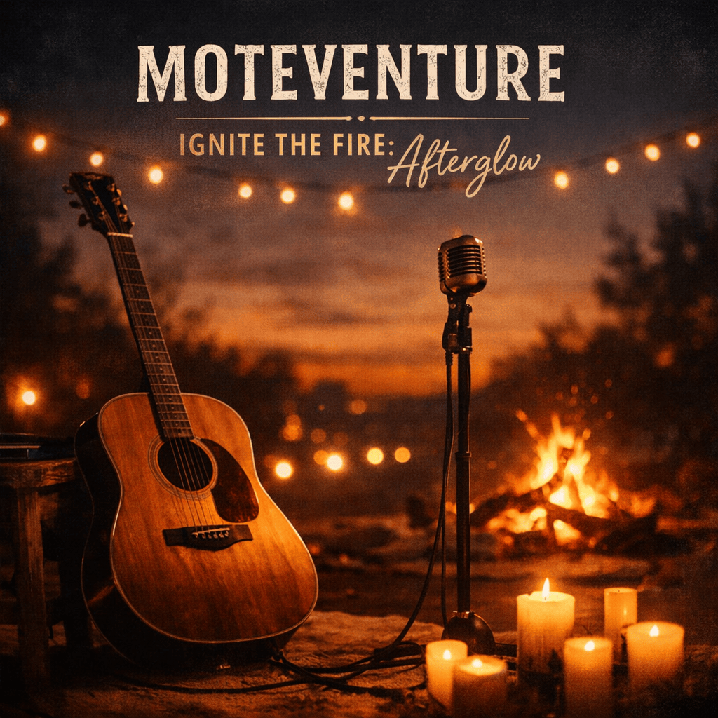 A close-up of an acoustic guitar beside a vintage microphone with a campfire and candles in the background, creating a warm, inviting atmosphere.