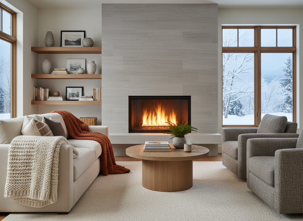 A warm, editorial lifestyle photograph for an article about replacing a wood-burning fireplace and transforming a drafty winter home into a comfortable, inviting space. Show a cozy living room in winter with a modern clean-burning fireplace glowing softly, comfortable seating, warm blankets, natural wood accents, and subtle hints of cold weather outside the windows. No people, no text, no logos. Photorealistic, sophisticated home magazine style, warm amber light balanced with cool winter daylight.