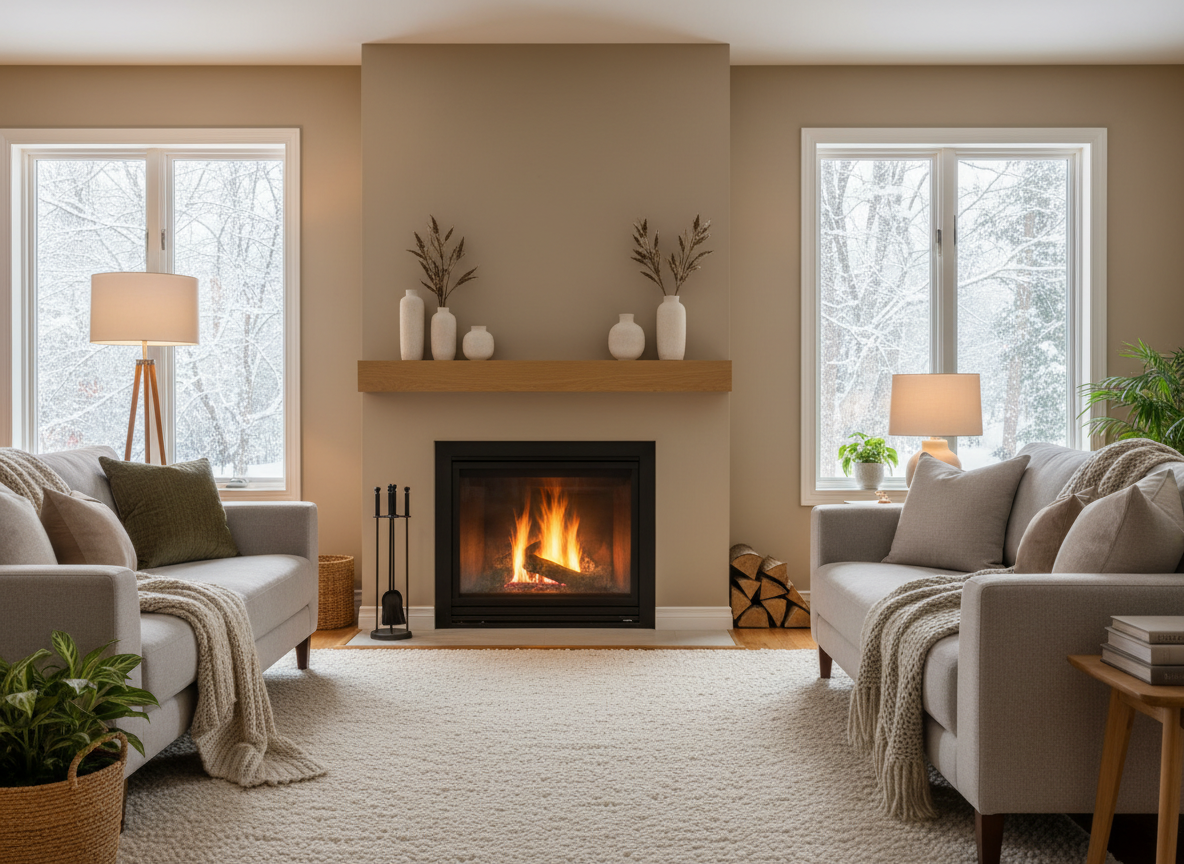 A cozy, realistic editorial photograph for an article about replacing a wood-burning fireplace and transforming a drafty winter home into a warm, comfortable space: an inviting living room with a modern clean-burning fireplace glowing gently, soft wool throws, warm ambient light, natural wood and neutral decor, subtle winter atmosphere visible through the windows, no people, no text, polished home-improvement magazine style.