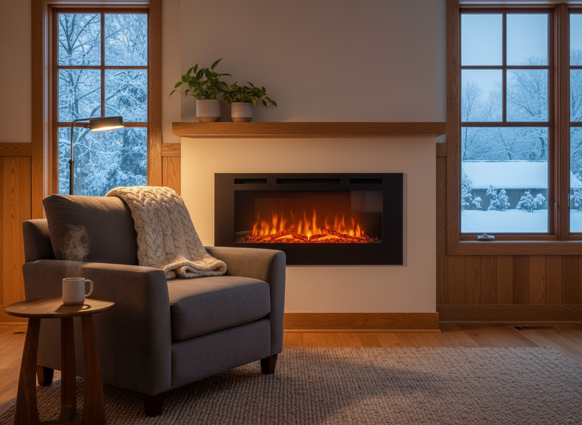 A warm, realistic editorial photograph for a personal home-improvement story about replacing a wood-burning fireplace and turning a drafty winter home into a comfortable retreat: an inviting living room with a sleek modern fireplace glowing softly, a cozy armchair, folded wool blanket, natural wood details, warm amber light contrasting with cool snowy light outside the windows, no people, no text, sophisticated home magazine style.