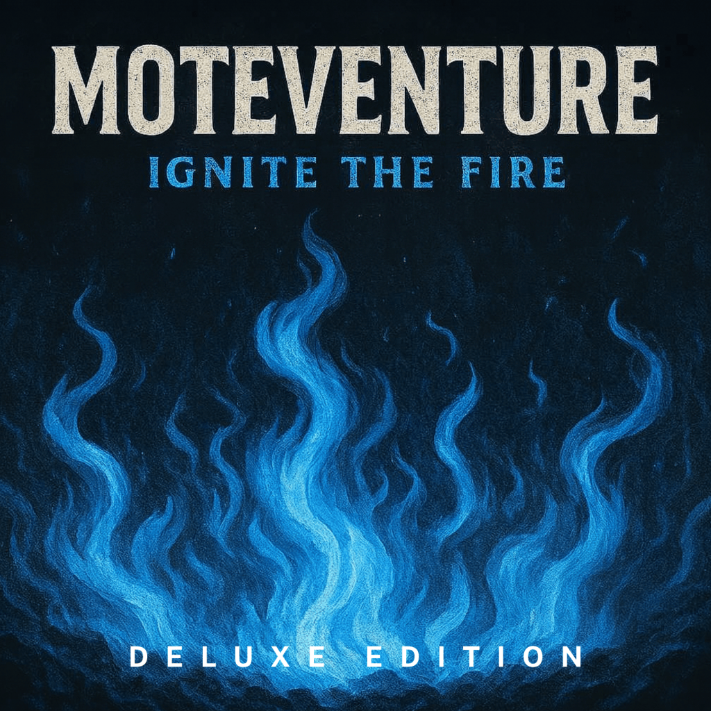 Album cover for 'Moteventure: Ignite the Fire Deluxe Edition' featuring stylized blue flames on a dark background.