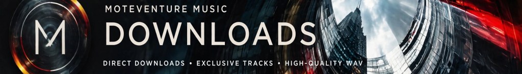 Banner for Moteventure Music showcasing 'Downloads' with options for direct downloads, exclusive tracks, and high-quality WAV files.