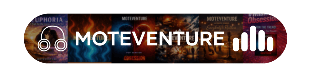 Logo for Moteventure featuring a headphone icon and album covers in the background.