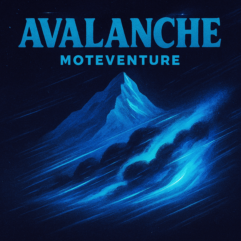 A stylized mountain peak depicted in shades of blue, with swirling clouds and wind elements, featuring the text 'AVALANCHE MOTEVENTURE' prominently at the top.