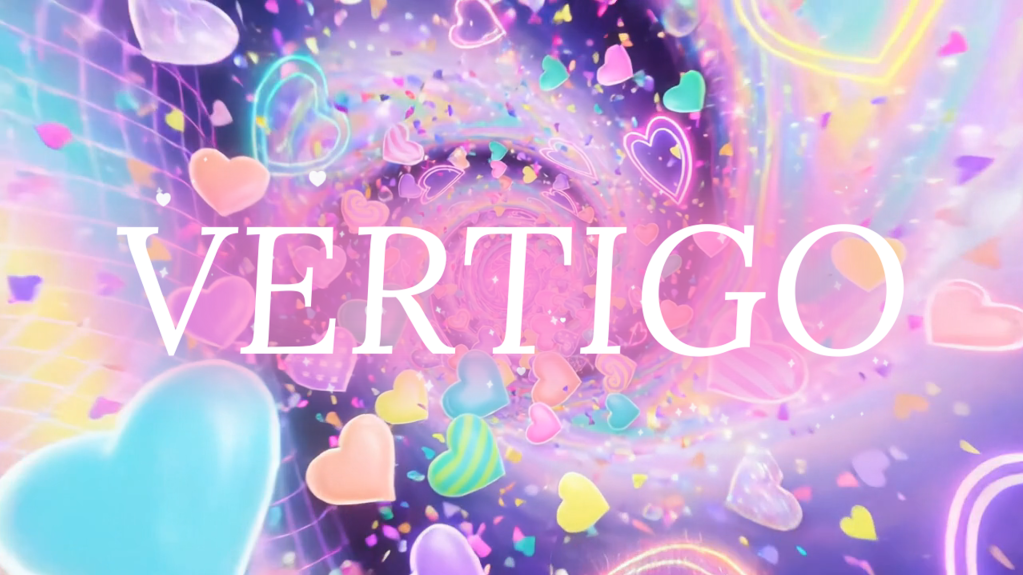 A colorful, swirling background featuring hearts and confetti, with the word 'VERTIGO' prominently displayed in the center.