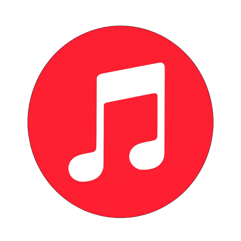A red circular icon featuring a white musical note in the center.