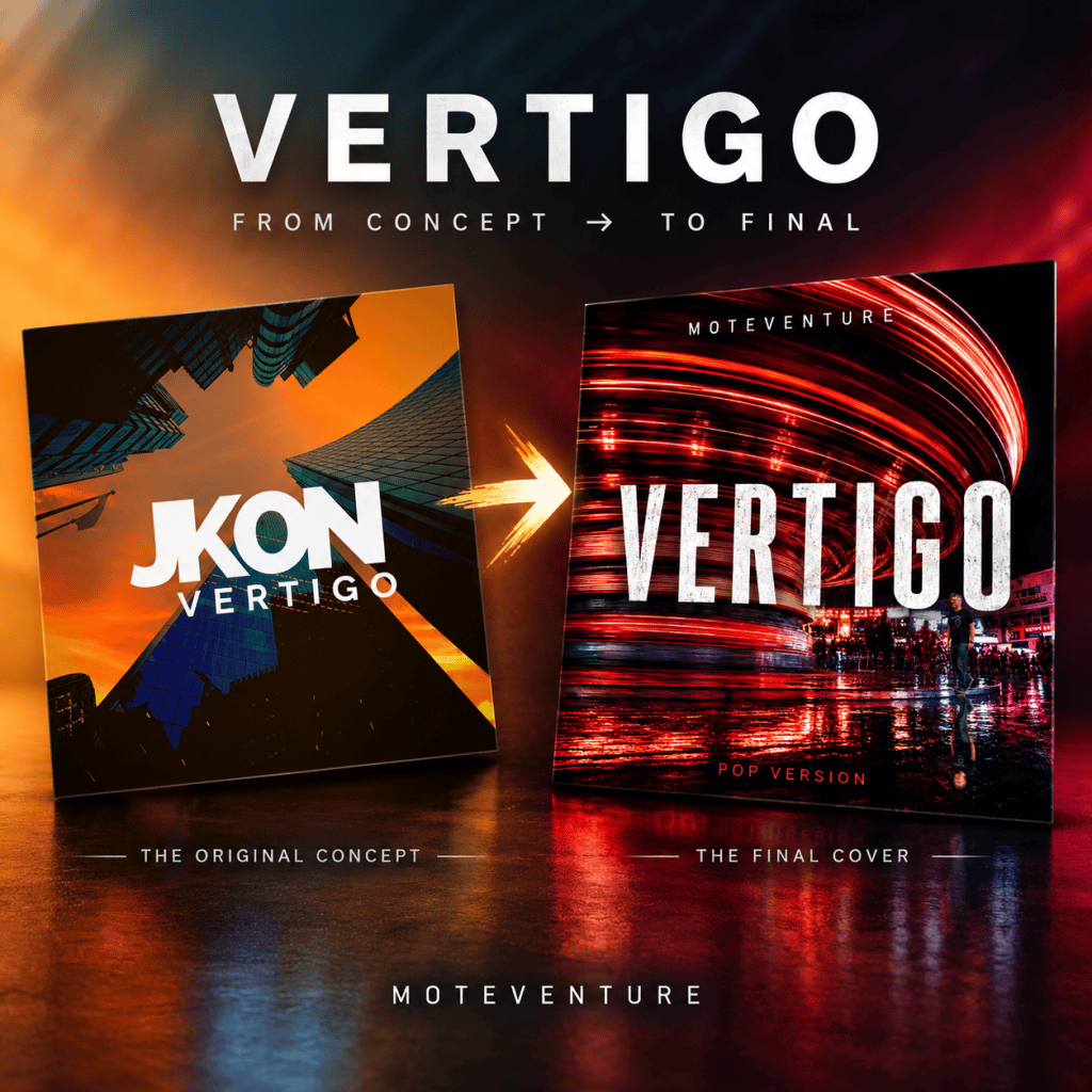 A visual comparison showcasing the development of the album 'Vertigo' by JKON, displaying the original concept cover on the left and the final pop version cover on the right, with directional arrows indicating the transformation.
