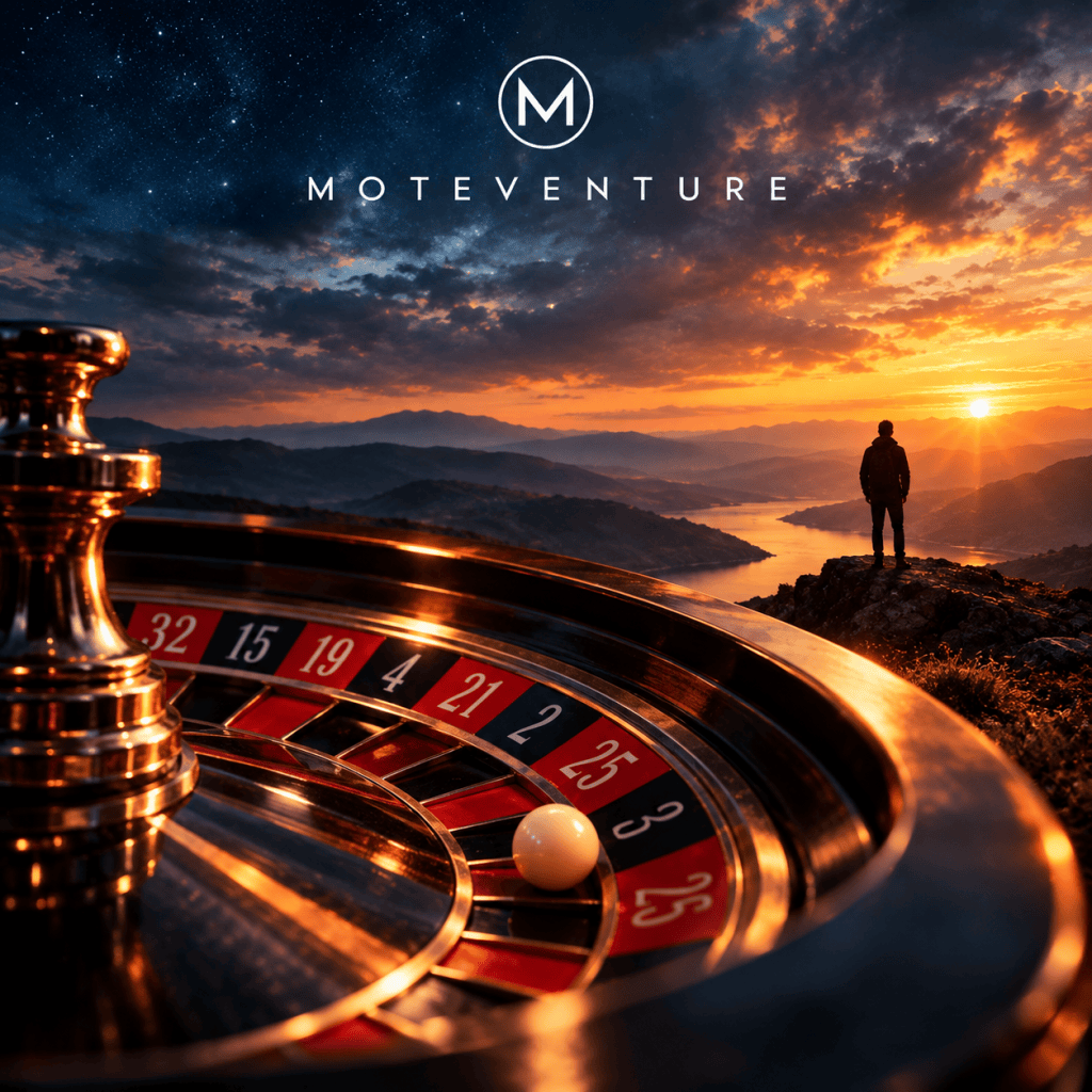 A roulette wheel in the foreground with a white ball resting on it, while a person stands on a mountain overlooking a scenic sunset landscape.
