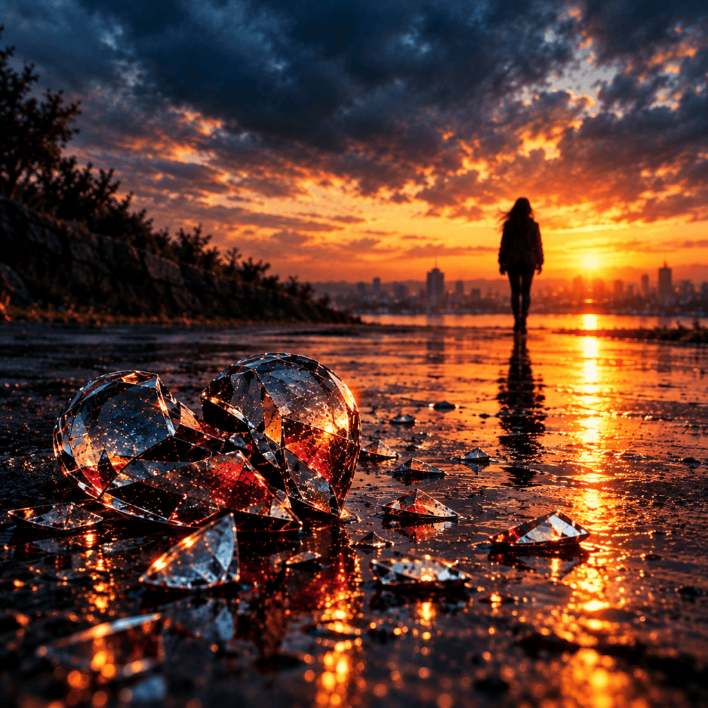A silhouette of a person standing on a reflective surface at sunset, with broken glass heart shapes and sparkling shards in the foreground.