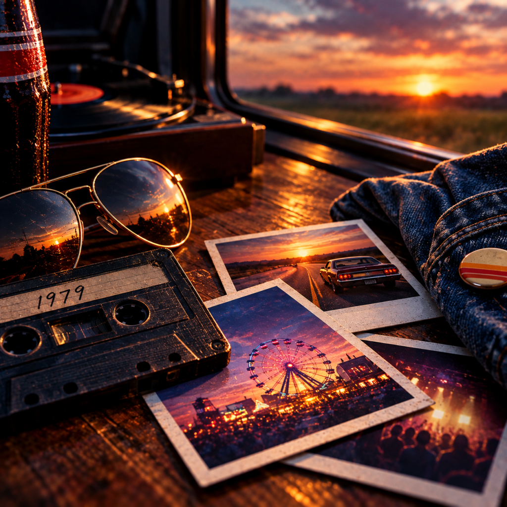 A vintage cassette tape labeled '1979', sunglasses reflecting a sunset, a bottle of soda, and three photographs featuring a sunset road, a ferris wheel, and a concert scene, all arranged on a wooden table.