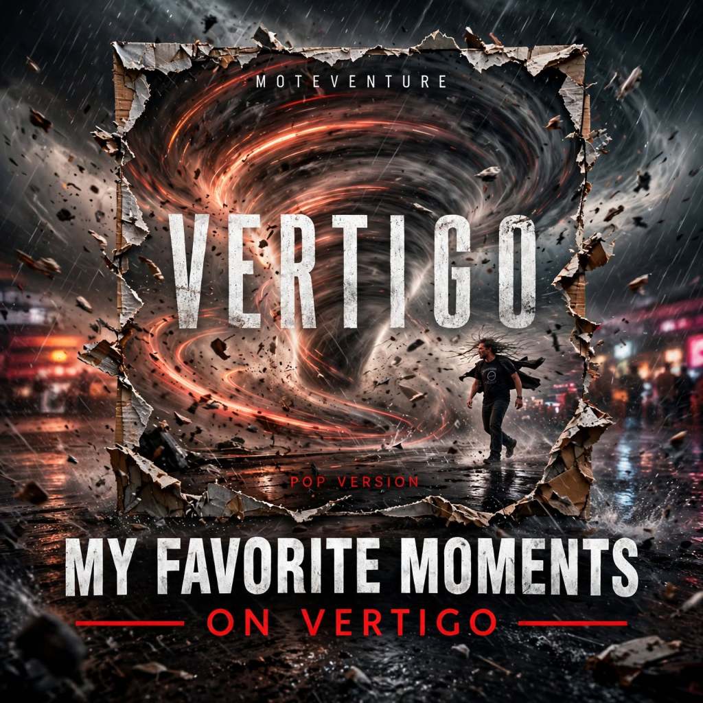 Album cover for 'Vertigo' by Moteventure, featuring a swirling tornado-like visual effect with a figure running through a stormy urban environment, and the title prominently displayed.