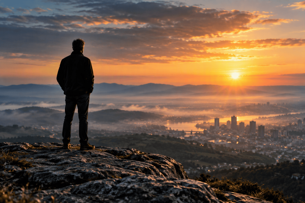 A person standing on a rocky overlook, gazing at a vibrant sunset over a city and rolling hills.