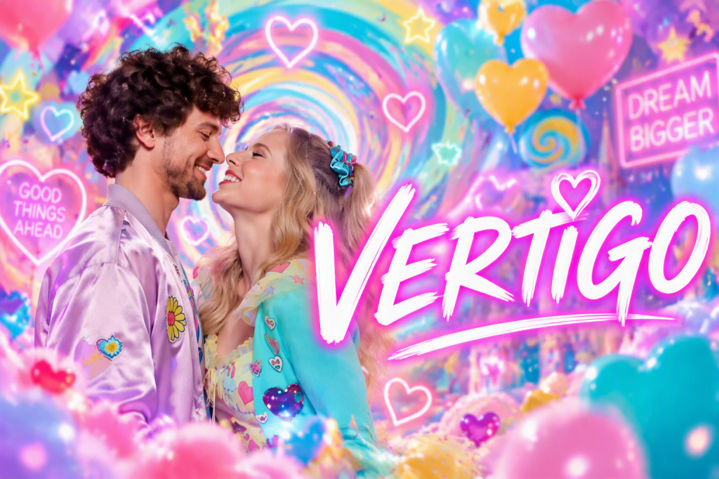A cheerful couple smiling at each other, surrounded by colorful pastel swirls, hearts, and balloons. The text 'VERTIGO' is prominently displayed in a playful font.