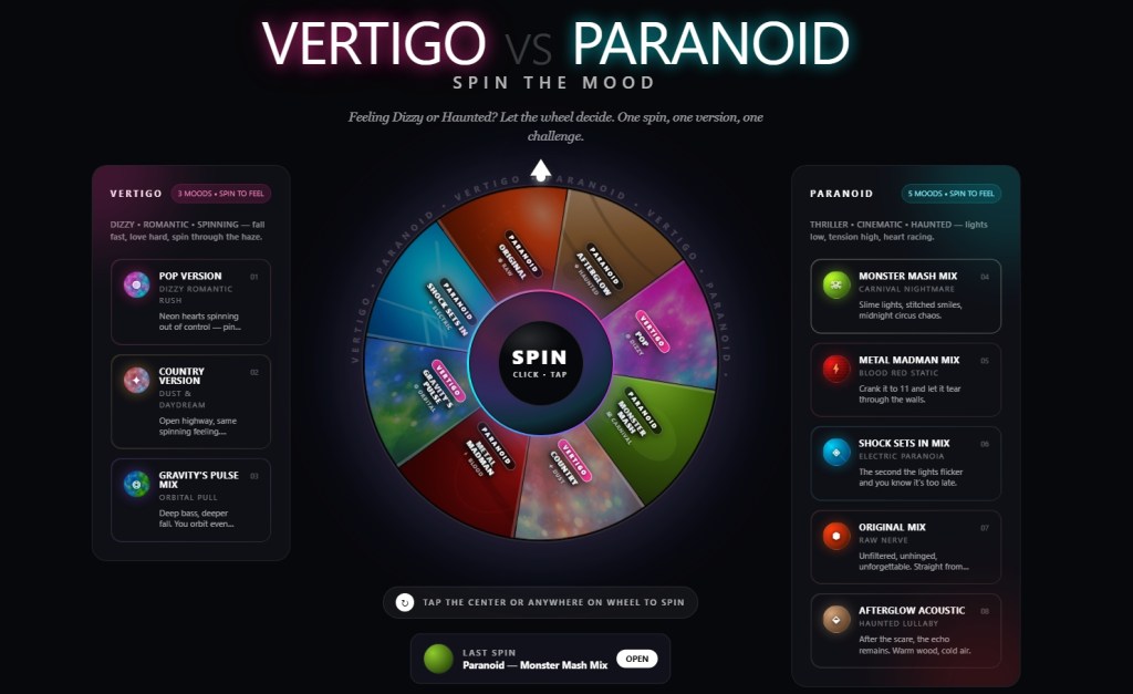 A spinning mood wheel titled 'VERTIGO vs PARANOID' featuring options for each mood with descriptions. Vertigo includes three moods: Pop Version, Country Version, and Gravity's Pulse Mix. Paranoid includes five moods: Monster Mash Mix, Metal Madman Mix, Shock Sets in Mix, Original Mix, and Afterglow Acoustic.