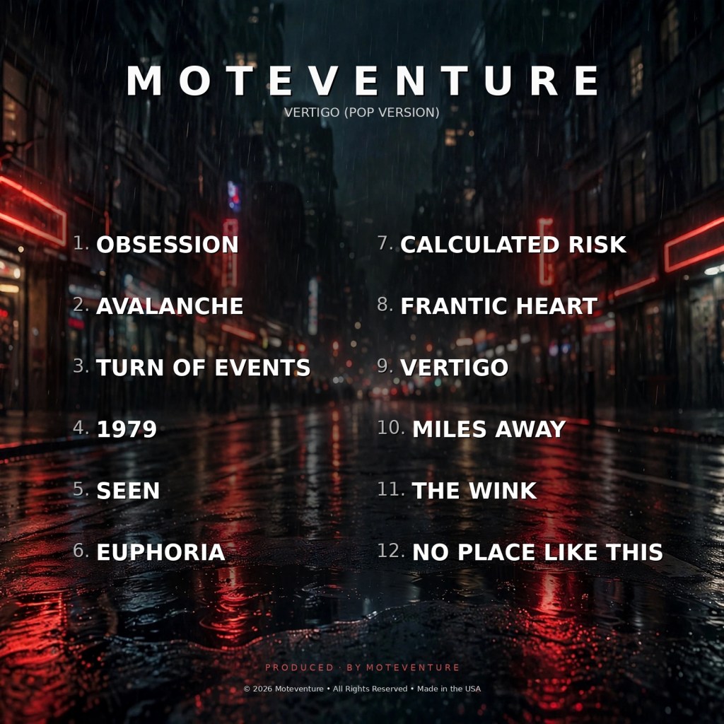 Album cover for 'Vertigo' by Moteventure featuring a dark, rainy street scene with a list of song titles.