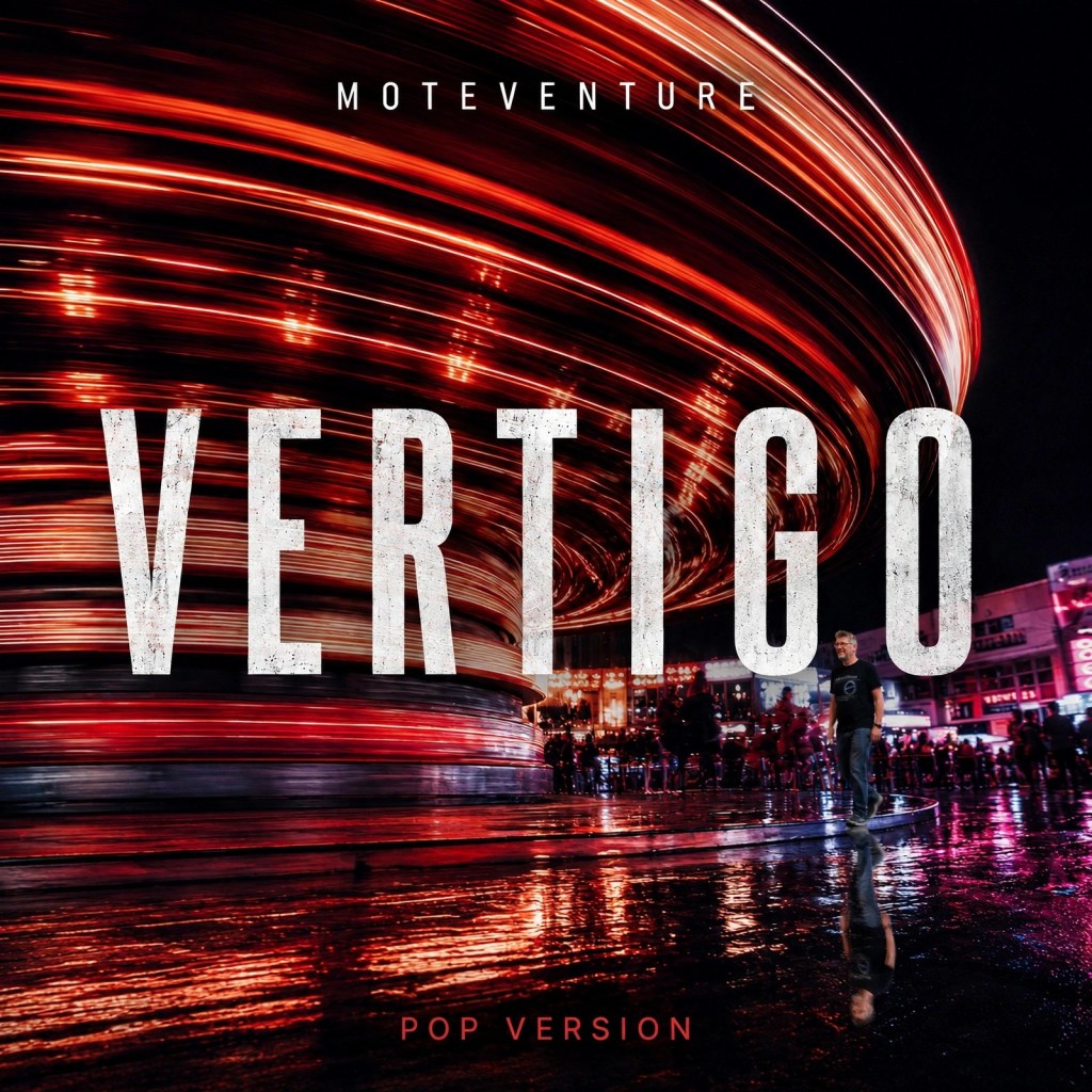 Album cover featuring the title 'VERTIGO' in bold white letters, with a blurred image of a carousel illuminated by vibrant lights, creating a sense of motion, alongside the text 'POP VERSION' at the bottom.
